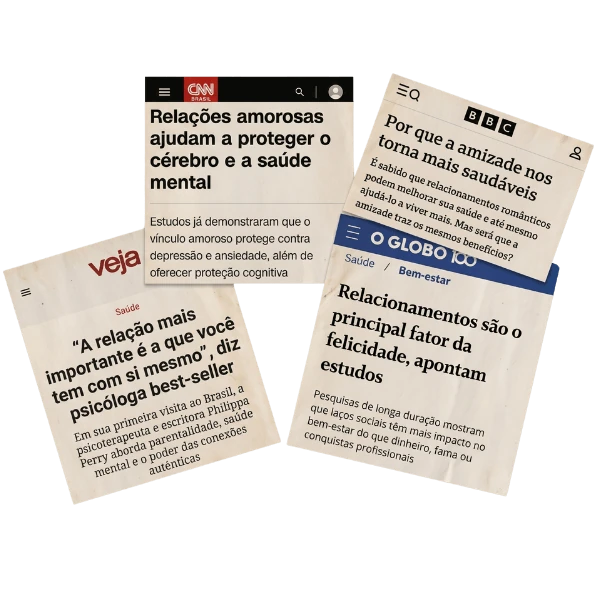 Recortes de reportagens de CNN Brasil, BBC, Veja e O Globo sobre a importância dos relacionamentos e do autoconhecimento